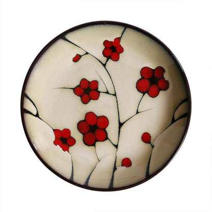 Fine Dining Dishes Japanese floral porcelain plate with red blossom design.