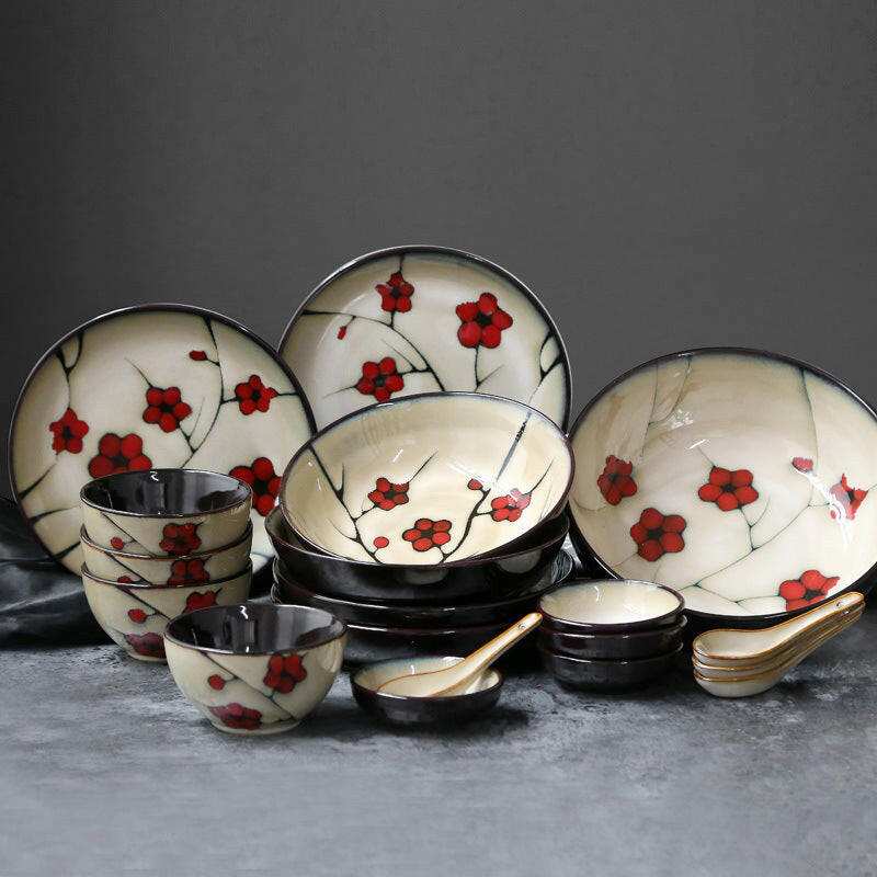 Fine Dining Dishes Japanese floral porcelain tableware with hand-painted red flower motifs.