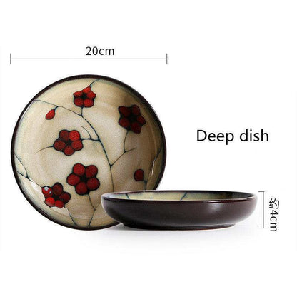 Fine Dining Dishes Japanese floral porcelain dish with red blossom design, 20cm.