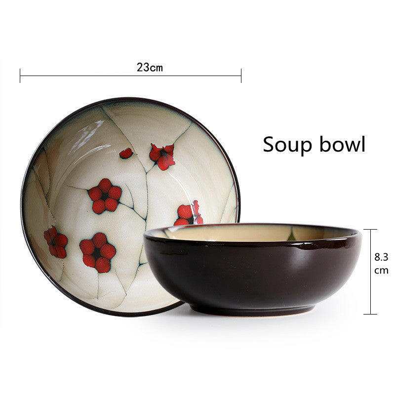 Fine Dining Dishes Japanese floral porcelain soup bowl with red flower motifs, measuring 23cm in diameter.