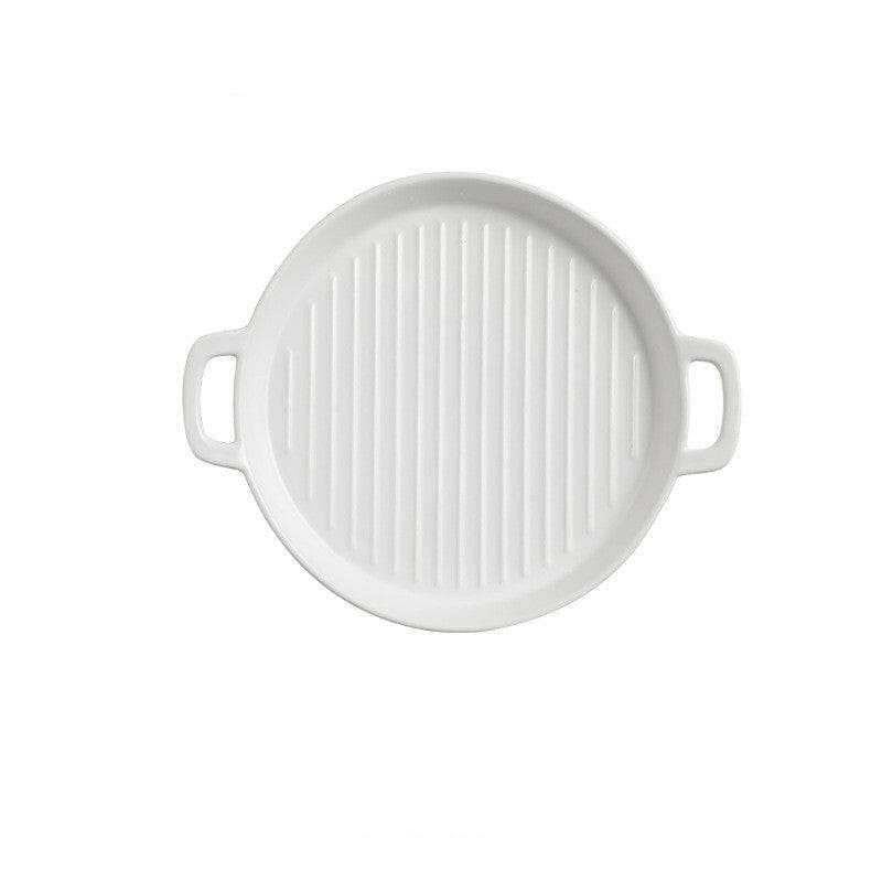 White ceramic bakeware plate with handles, 20.3cm diameter, suitable for oven, microwave, and dishwasher.