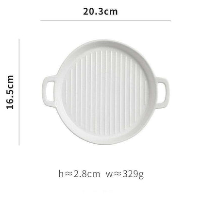 White ceramic bakeware plate with handles, 20.3cm diameter, suitable for oven, microwave, and dishwasher.