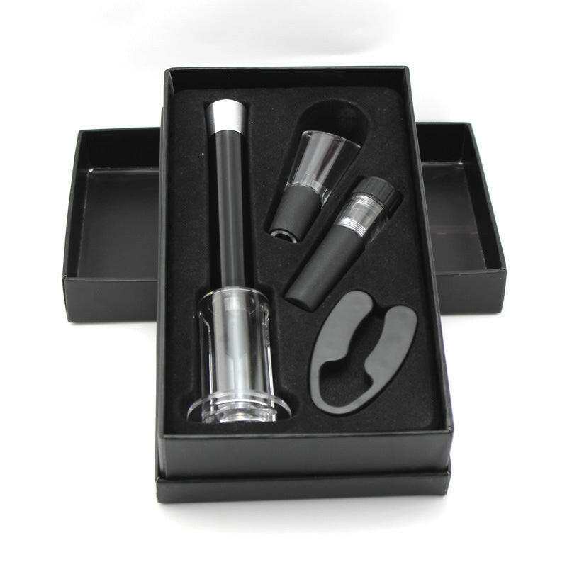 Wine opener set with stainless steel opener, foil cutter, and wine pourer in a premium gift box.