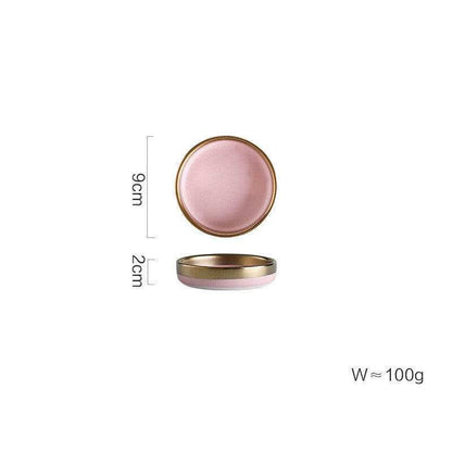 Pink Mood ceramic dining plate with gold rim, 9cm diameter.