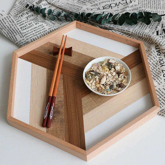 Hexagonal color wood tray, showcasing natural wood tones and a stylish design.