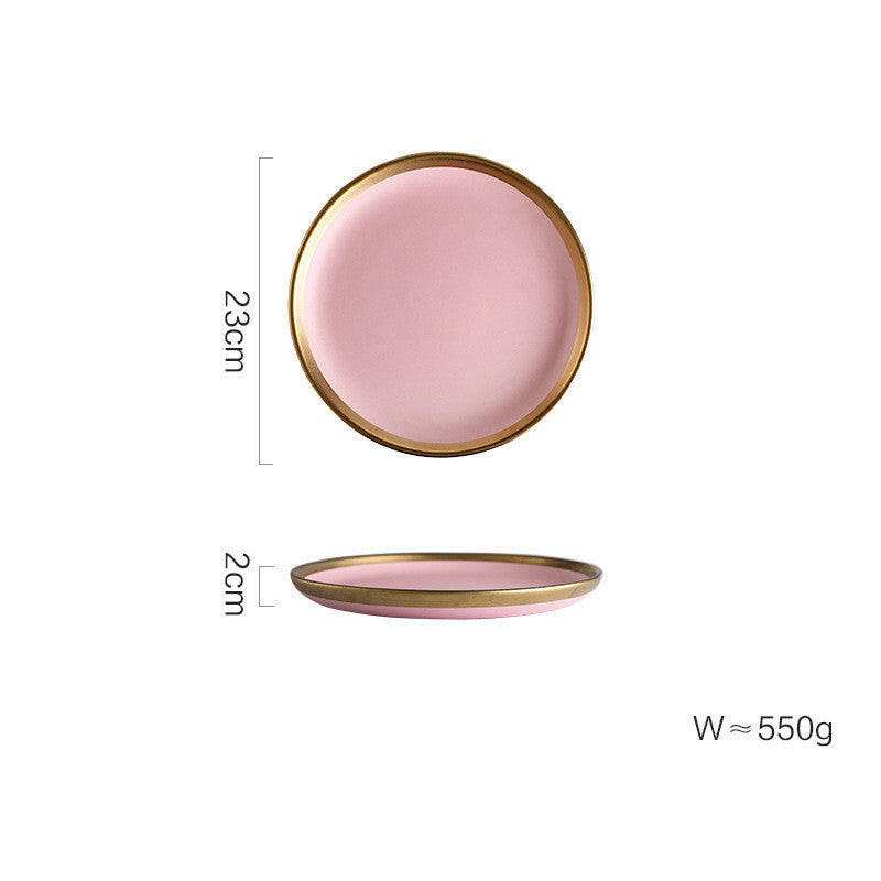 Pink Mood plate with gold rim, 23cm diameter.