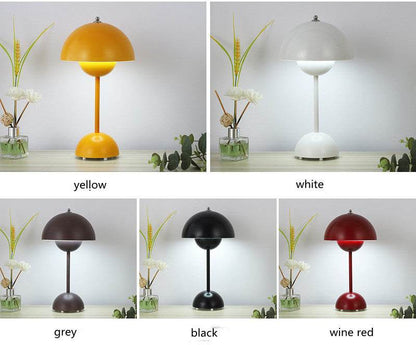 FlowerPot Lamp in various colors: yellow, white, grey, black, wine red, on display against a simple background.