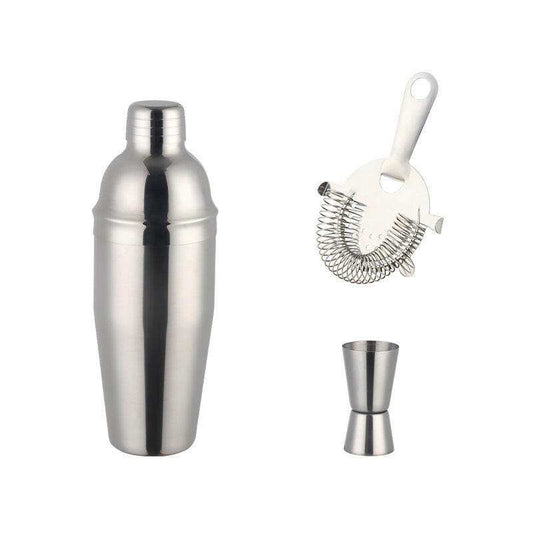 Stainless Steel Shaker set with titanium plating, featuring a shaker, strainer, and jigger.