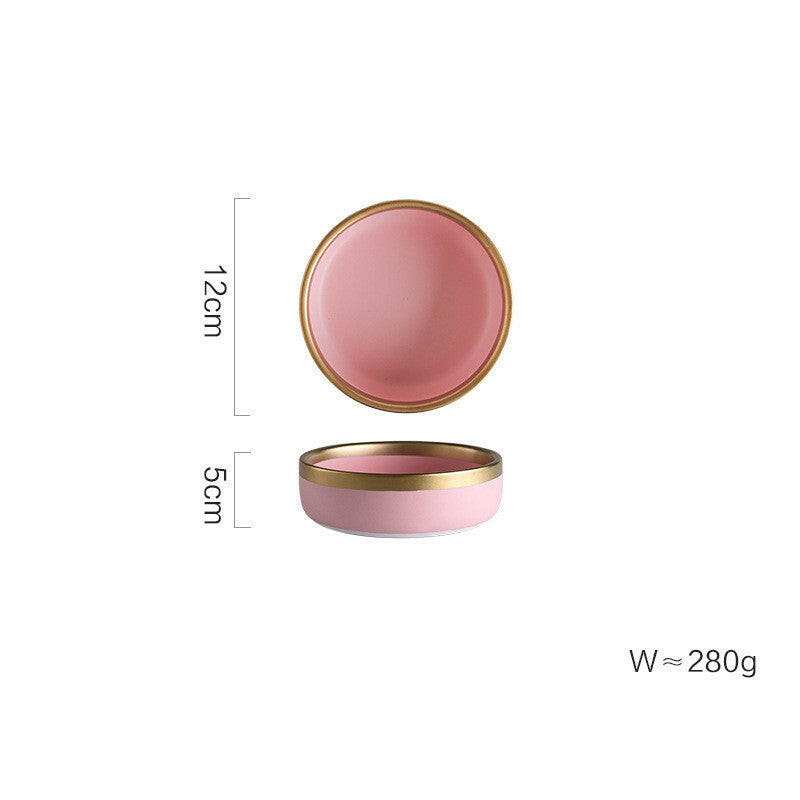 Pink Mood dining set with round pink bowls, measuring 12cm in diameter, featuring a fine finish and gold trim.