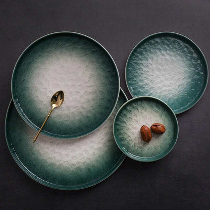 Gradient Emerald Plate Set with elegant design from rich emerald to light shades, ceramic dinnerware.