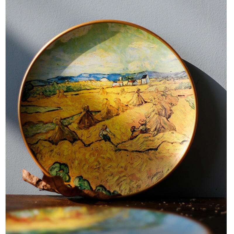 Van Gogh oil painting ceramic plate featuring a vibrant rural landscape.