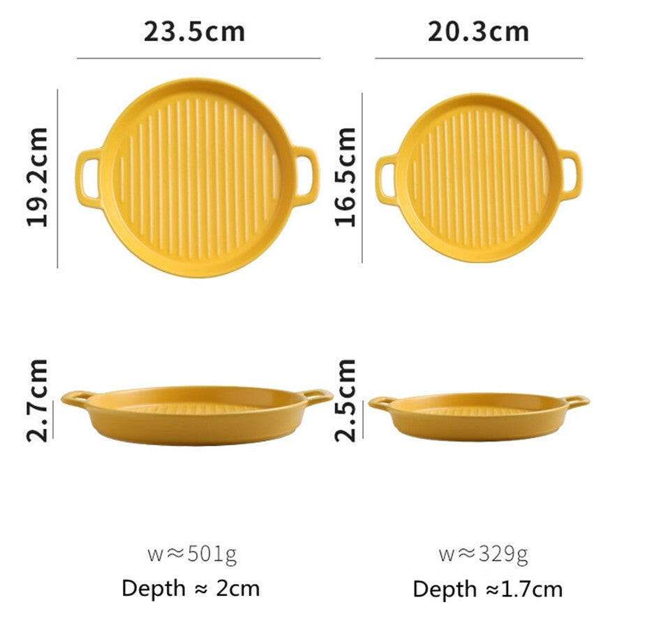 Yellow ceramic bakeware with dual handles, available in sizes 23.5cm and 20.3cm, suitable for oven, microwave, and dishwasher.