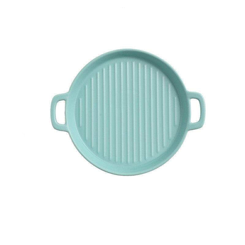 Round bakeware with handles, 20.3cm diameter, light blue, suitable for oven, microwave, dishwasher.