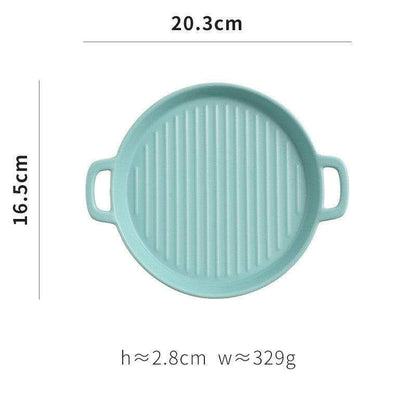 Round bakeware with handles, 20.3cm diameter, light blue, suitable for oven, microwave, dishwasher.