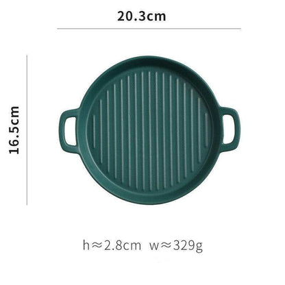 20,3cm dark green ceramic bakeware, with handles. Suitable for oven, microwave, and dishwasher.