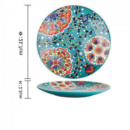 Imari Porcelain Japanese plates with intricate patterns and vibrant hues on a turquoise background.