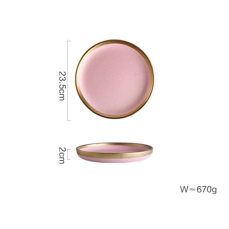 Pink Mood dining set plate with gold rim, 23.5cm diameter.