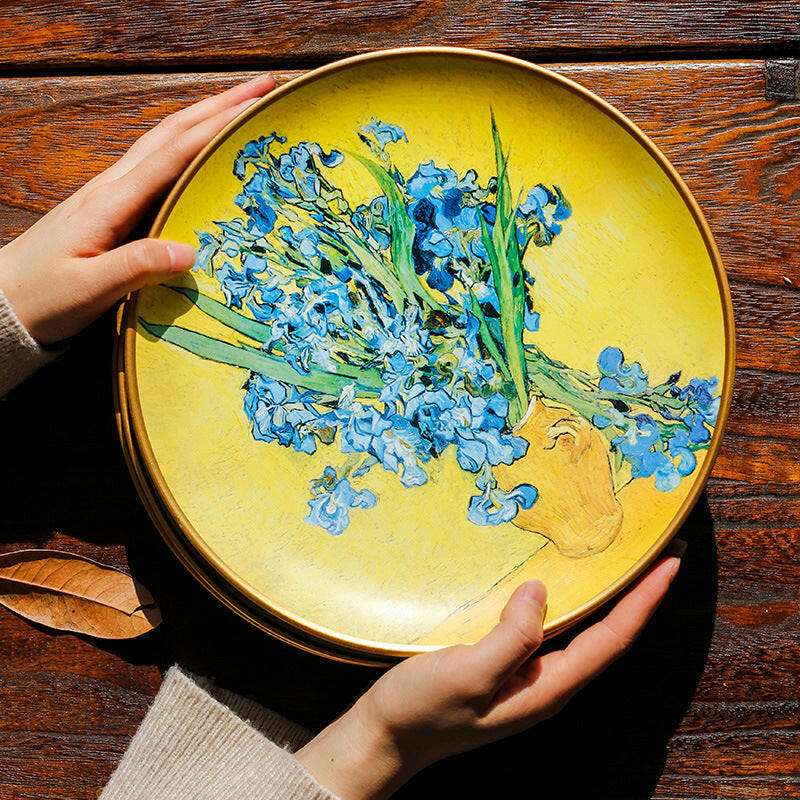 Van Gogh oil painting ceramic plate with vibrant blue flowers on a yellow background.