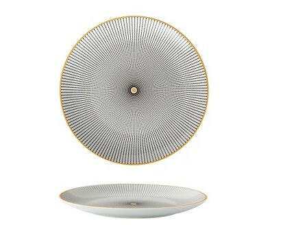 Geometric Series Ceramic Dishes with intricate circular pattern and gold rim.