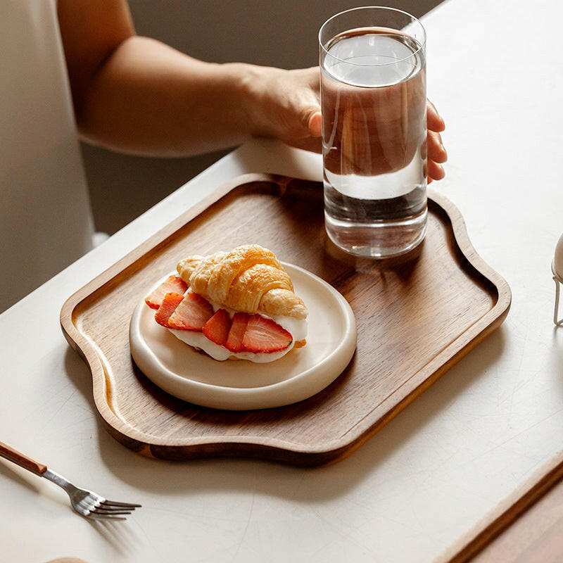 Serving Trays with food and drink served, showcasing stylish design and natural wood grain.