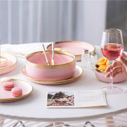 Pink Mood dining set with plates, bowls, featuring a fine finish and elegant design.