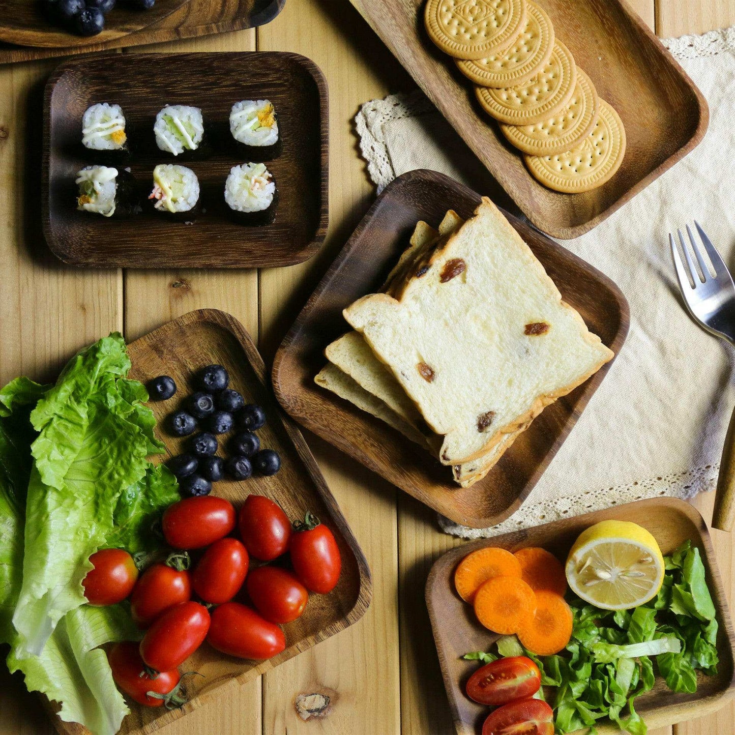 Rectangular Acacia Wood Trays showcasing natural grain and rustic design.