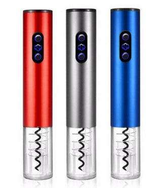 Red, silver, and blue automatic electric wine bottle openers with sleek design and push-button operation.