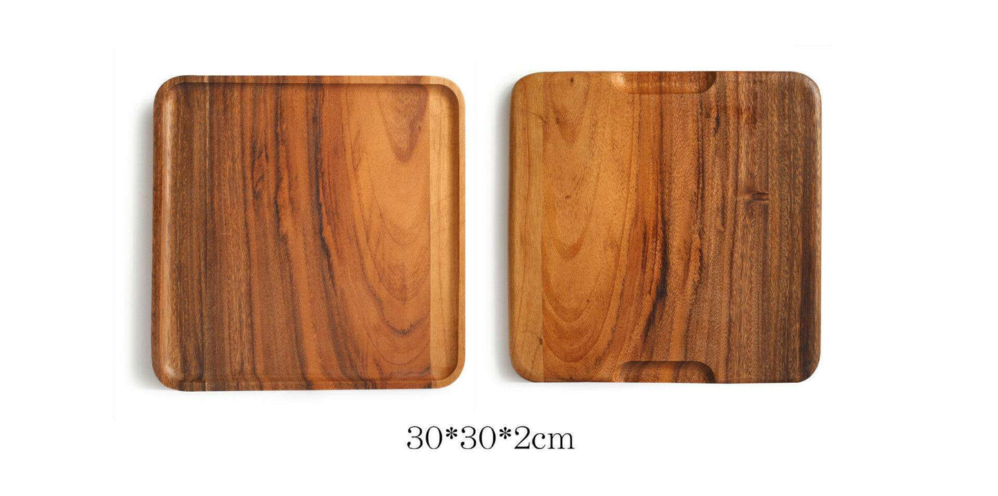 Rectangular Acacia Wood Trays with natural wood grain, size 30x30x2 cm.