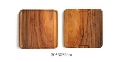 Rectangular Acacia Wood Trays with natural wood grain, size 30x30x2 cm.