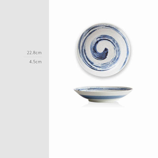 Retro Japanese ceramic plate with blue swirl design, 22.8cm diameter, 4.5cm height.