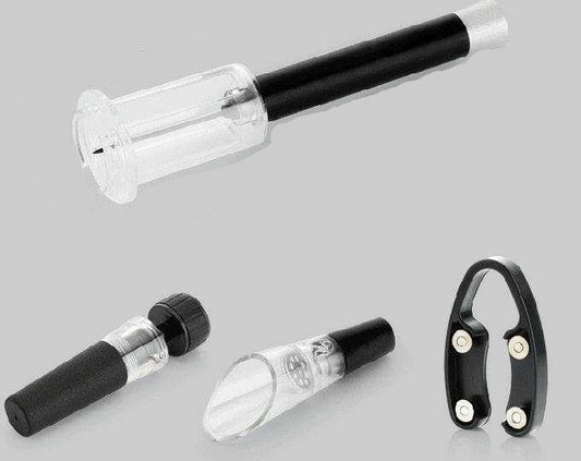 Wine opener set with stainless steel opener, foil cutter, and wine pourer.
