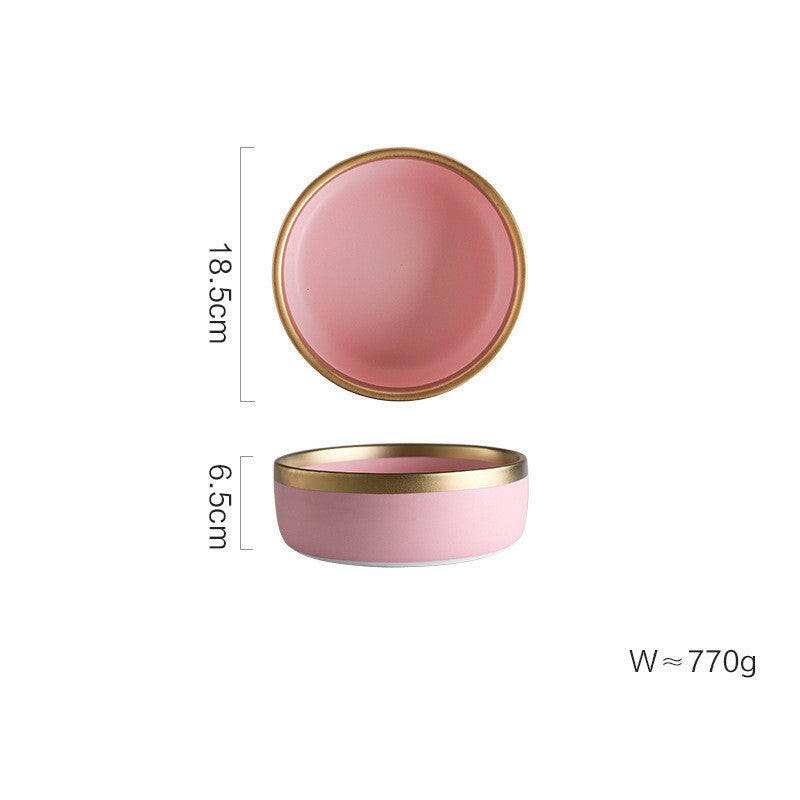 Pink Mood dining set bowl with gold rim, round shape, measuring 18.5cm in diameter.