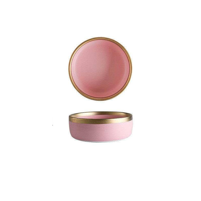 Pink Mood dining set bowl with gold rim, round shape, measuring 18.5cm in diameter.