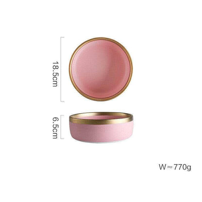 Pink Mood dining set bowl with gold rim, round shape, measuring 18.5cm in diameter.