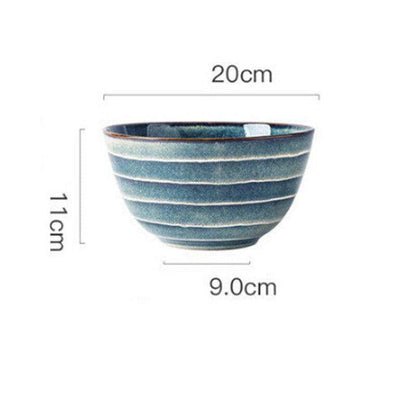 Porcelain Bowls Silver with blue striped design, 20cm in diameter and 11cm tall, showcasing elegant craftsmanship.