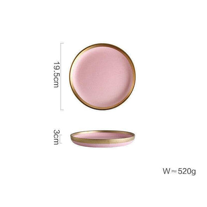 Pink Mood dining plate with gold rim, 19.5cm diameter, 3cm height, 520g.