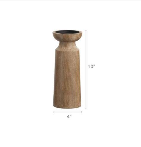 Candle Holder Wooden with natural finish, 10 inches tall, rustic home decor accessory.