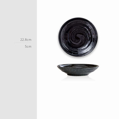 Retro Japanese ceramics plate with swirl texture and black finish, measuring 22.8cm in diameter and 5cm in height, ideal for decor or table use.