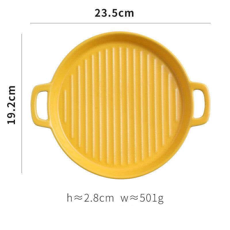 23.5cm yellow ceramic bakeware, with handles. Suitable for oven, microwave, and dishwasher.