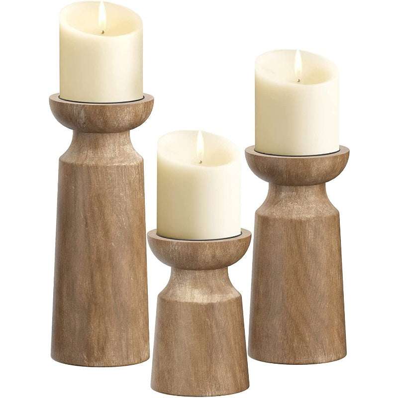 Candle Holder Wooden set with rustic finish, adds natural elegance to home decor.