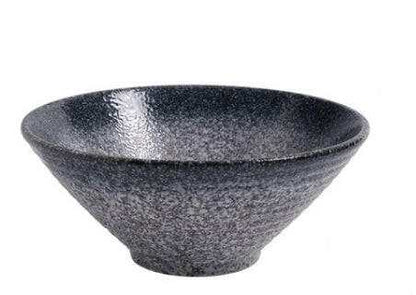 Japanese ceramic ramen bowl with a glossy dark glaze and textured finish.