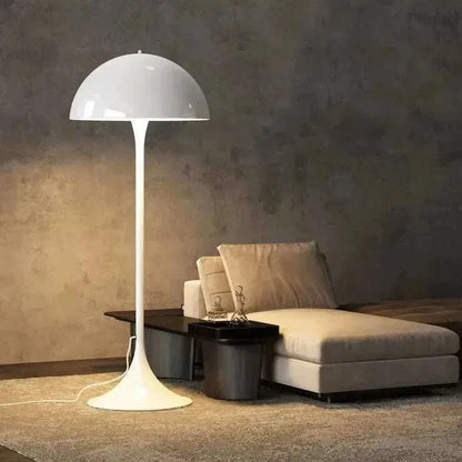 Mushroom Floor Lamp illuminating modern living room decor.