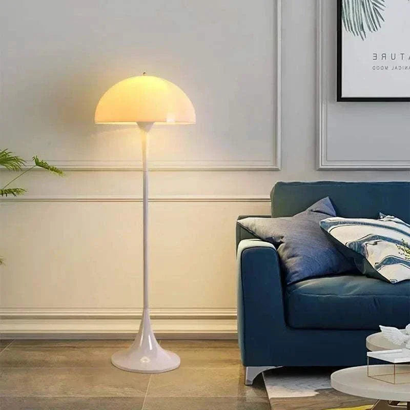 Mushroom Floor Lamp illuminating modern living room with elegant design.