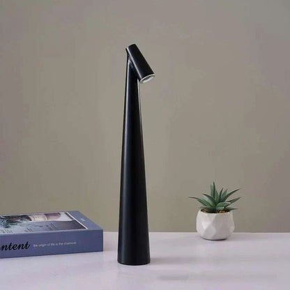 Portable LED Light, minimalist LED with touch sensor, sleek black conical base, rechargeable.