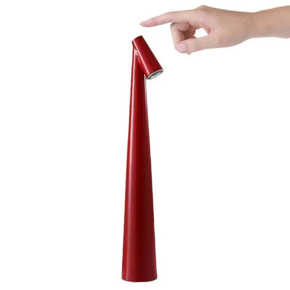 Portable LED Light with touch sensor, sleek conical design, red color, minimalist, rechargeable and portable table  LED lighting.