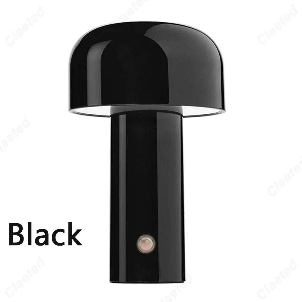 Rechargeable portable table lamp in sleek black design, minimalist elegance, modern home accessory.