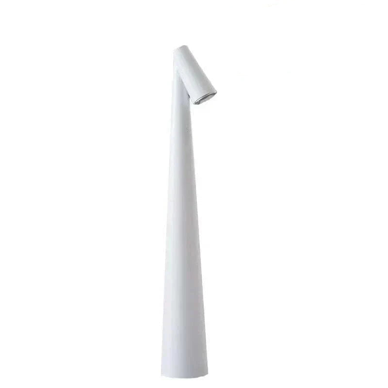 Portable LED Light with touch sensor, sleek conical design, white color, minimalist, rechargeable and portable table  LED lighting.
