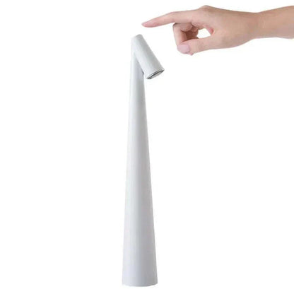 Portable LED Light with touch sensor, sleek conical design, white color, minimalist, rechargeable and portable table  LED lighting.