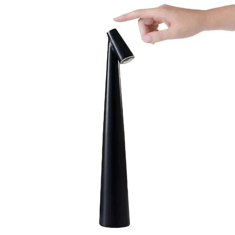 Portable LED Light with touch sensor, sleek conical design, black color, minimalist, rechargeable and portable table  LED lighting.