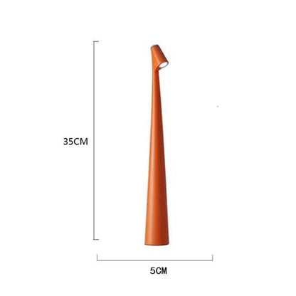 Portable LED Light with touch sensor, minimalist design, orange conical base, LED, 35cm tall.